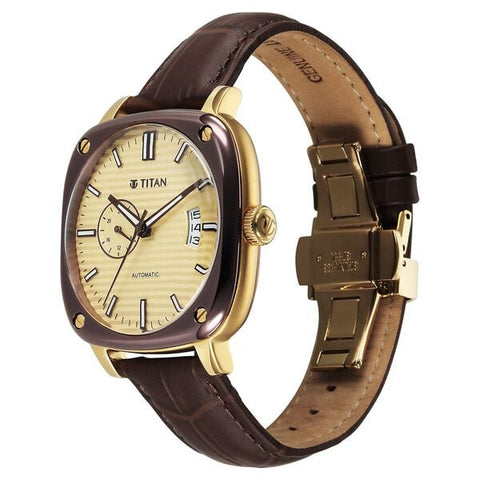 Titan Vintage Concealed Automatic Analog with Beige Dial Brown Leather Strap Watch for Men