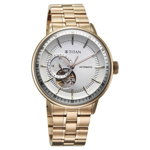 Titan Orbital Open Heart Automatic Analog White Dial Carnation Gold Stainless Steel Strap Watch for Men
