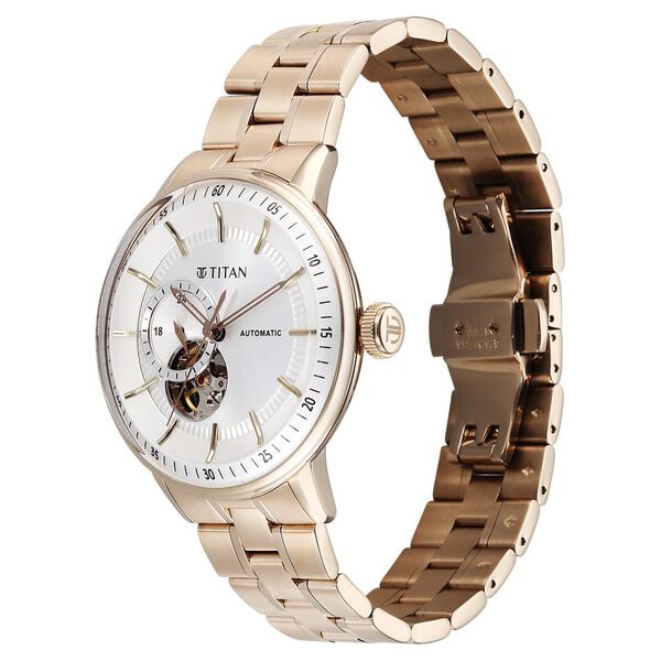 Titan Orbital Open Heart Automatic Analog with White Dial Carnation Gold Stainless Steel Strap Watch for Men