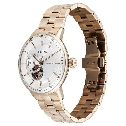 Titan Orbital Open Heart Automatic Analog White Dial Carnation Gold Stainless Steel Strap Watch for Men