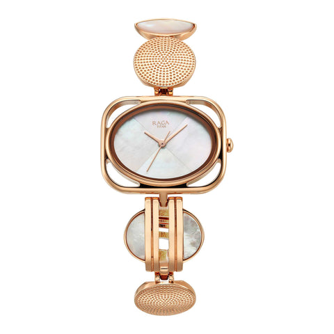 Titan Raga Power Pearls Quartz Women’s Watch – Mother-of-Pearl Dial in Rose Gold Rectangular Case | 95225WM01