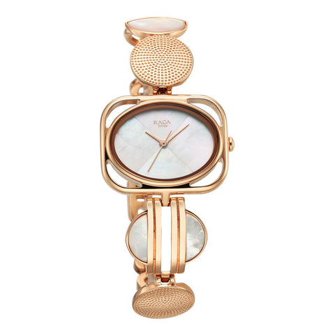Titan Raga Power Pearls Quartz Women’s Watch – Mother-of-Pearl Dial in Rose Gold Rectangular Case | 95225WM01