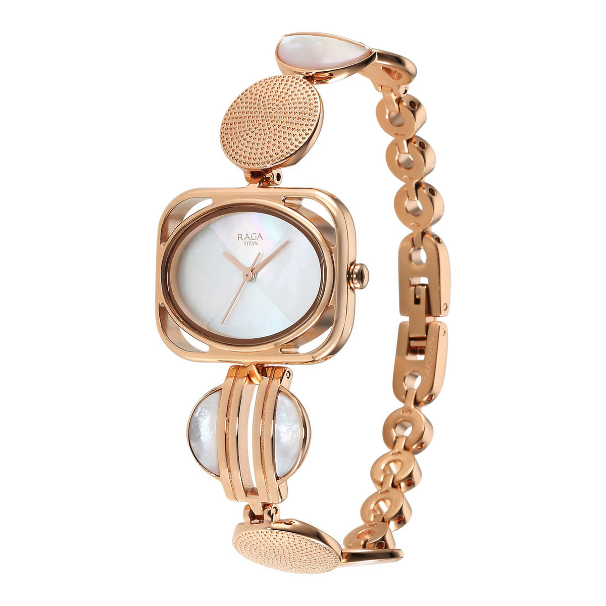 Titan Raga Power Pearls Quartz Analog Mother of Pearl Dial Rose Gold Metal Strap Rectangular Shaped Watch For Women