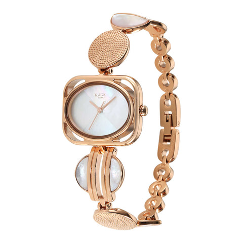 Titan Raga Power Pearls Quartz Women’s Watch – Mother-of-Pearl Dial in Rose Gold Rectangular Case | 95225WM01