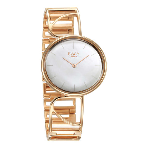 Titan Raga Power Pearls Quartz Analog Oval Mother of Pearl Dial Women’s Watch – Rose Gold Metal Bracelet | 95226WM01