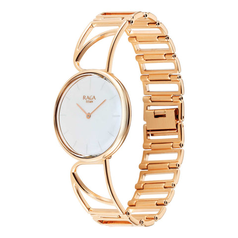 Titan Raga Power Pearls Quartz Analog Oval Mother of Pearl Dial Women’s Watch – Rose Gold Metal Bracelet | 95226WM01