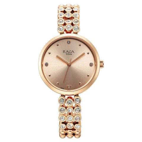 Titan Raga Showstopper Quartz Analog Rose Gold Dial Women’s Watch | Metal Bracelet | 95262WM01