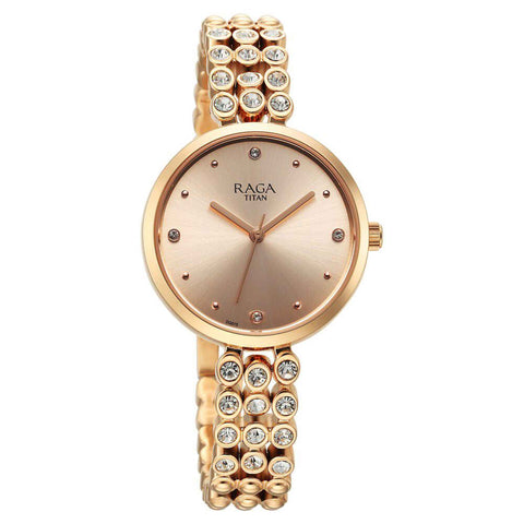 Titan Raga Showstopper Quartz Analog Rose Gold Dial Women’s Watch | Metal Bracelet | 95262WM01