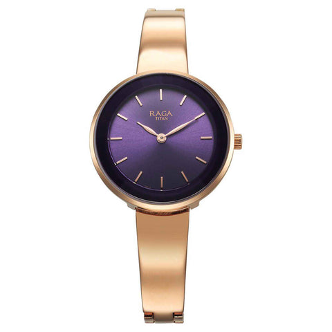 Titan Raga Showstopper Quartz Analog Round Purple Dial Women’s Watch | Rose Gold Metal Bracelet | 95276WM01