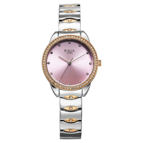 Titan Raga Showstopper Quartz Analog Purple Dial Women’s Watch | Two-Tone Metal Bracelet | 95281KM01