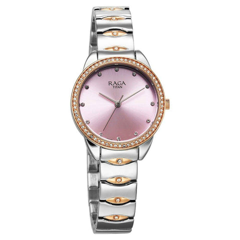 Titan Raga Showstopper Quartz Analog Purple Dial Women’s Watch | Two-Tone Metal Bracelet | 95281KM01