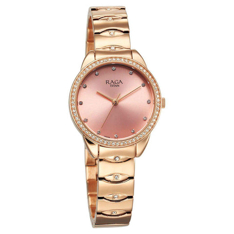 Titan Raga Showstopper Quartz Analog Round Pink Dial Women’s Watch | Rose Gold Metal Bracelet | 95281WM01