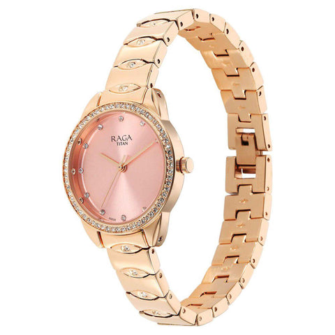 Titan Raga Showstopper Quartz Analog Round Pink Dial Women’s Watch | Rose Gold Metal Bracelet | 95281WM01