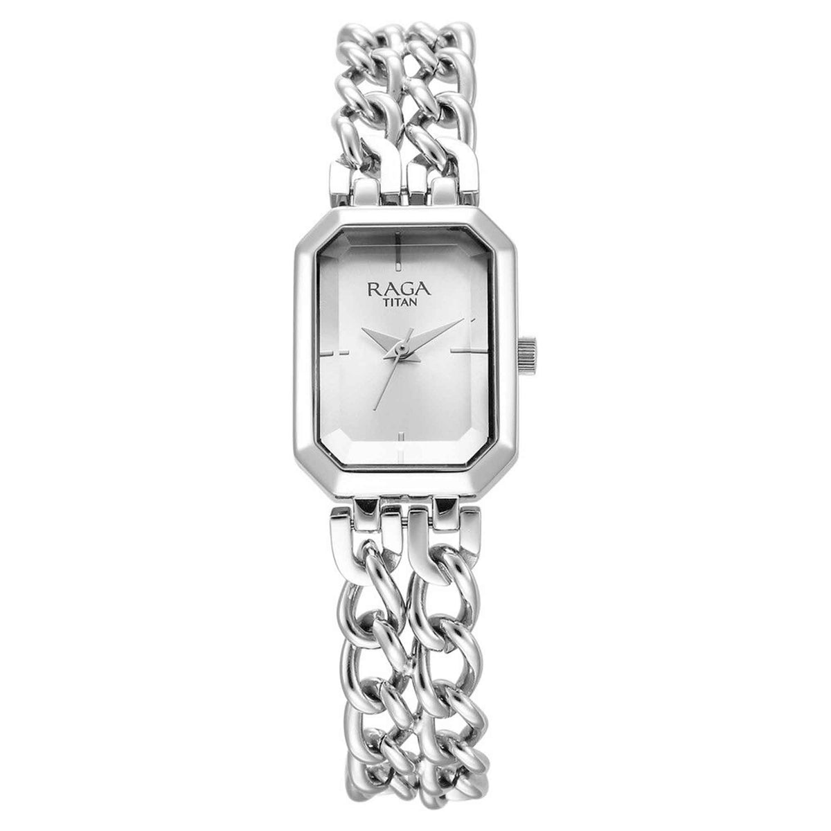 Titan Raga Showstopper Quartz Analog Rectangular Silver Dial Women’s Watch | Silver Metal Bracelet | 95283SM01