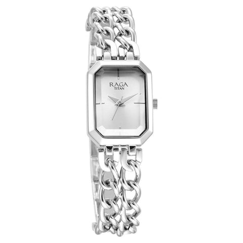 Titan Raga Showstopper Quartz Analog Rectangular Silver Dial Women’s Watch | Silver Metal Bracelet | 95283SM01