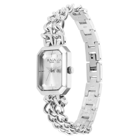 Titan Raga Showstopper Quartz Analog Rectangular Silver Dial Women’s Watch | Silver Metal Bracelet | 95283SM01