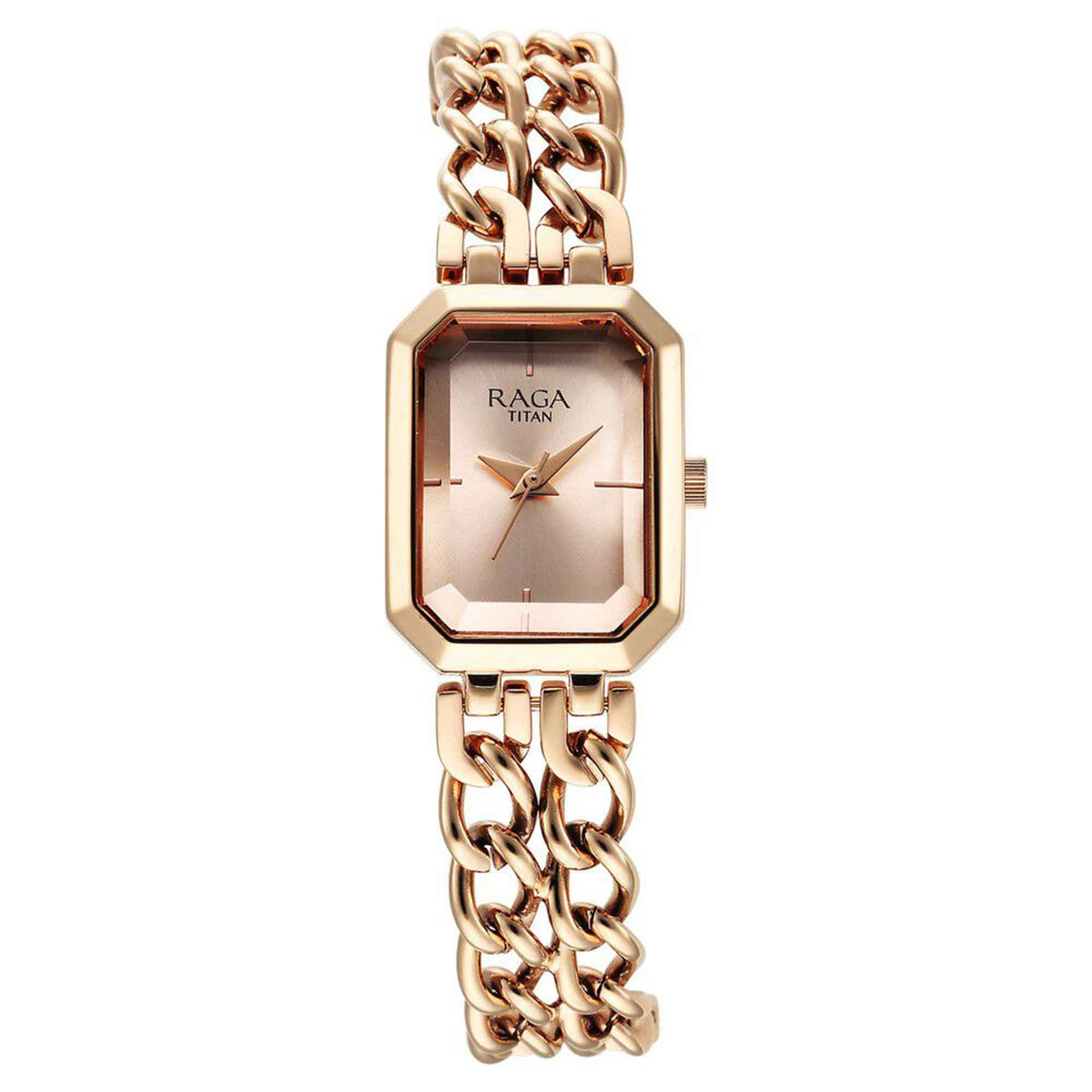 Titan Raga Showstopper Quartz Analog Rectangular Rose Gold Dial Women’s Watch | Rose Gold Metal Bracelet | 95283WM01