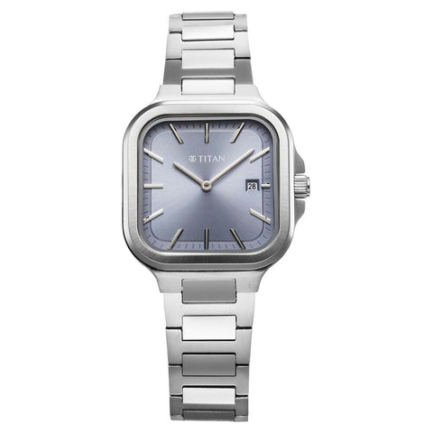 Titan Slim Square Women’s Watch – Quartz Analog with Date and Blue Dial in Silver Stainless Steel | 95291SM01