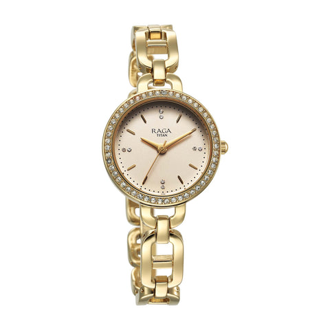 Titan Raga Showstopper Quartz Analog Golden Dial Women’s Watch | Metal Bracelet | 95305YM01