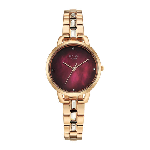 Titan Raga Glimmers Quartz Analog Red Mother of Pearl Dial Women’s Watch – Rose Gold Metal Bracelet | 95327WM01