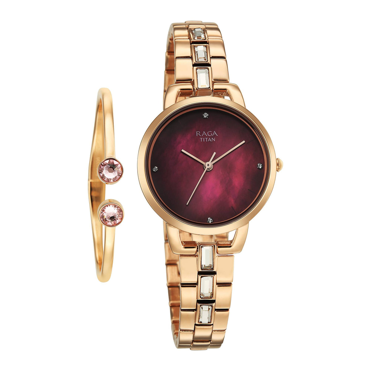 Titan Raga Glimmers Quartz Analog Red Mother of Pearl Dial Women’s Watch – Rose Gold Metal Bracelet | 95327WM01