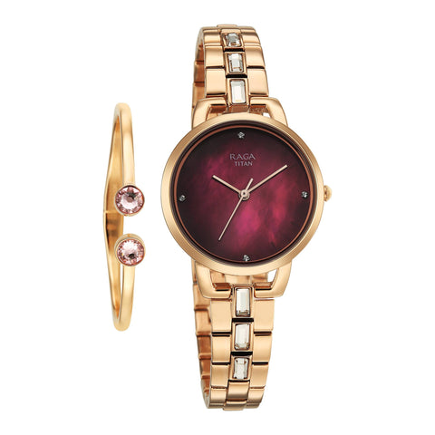 Titan Raga Glimmers Quartz Analog Red Mother of Pearl Dial Women’s Watch – Rose Gold Metal Bracelet | 95327WM01