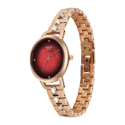 Titan Raga Glimmers Quartz Analog Red Mother of Pearl Dial Women’s Watch – Rose Gold Metal Bracelet | 95327WM01