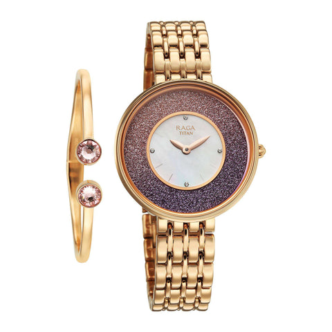 Titan Raga Glimmers Quartz Analog Mother of Pearl Dial Women’s Watch – Rose Gold Metal Bracelet | 95336WM01