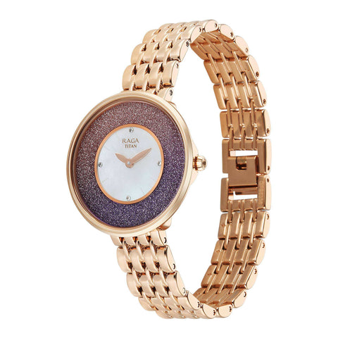 Titan Raga Glimmers Quartz Analog Mother of Pearl Dial Women’s Watch – Rose Gold Metal Bracelet | 95336WM01
